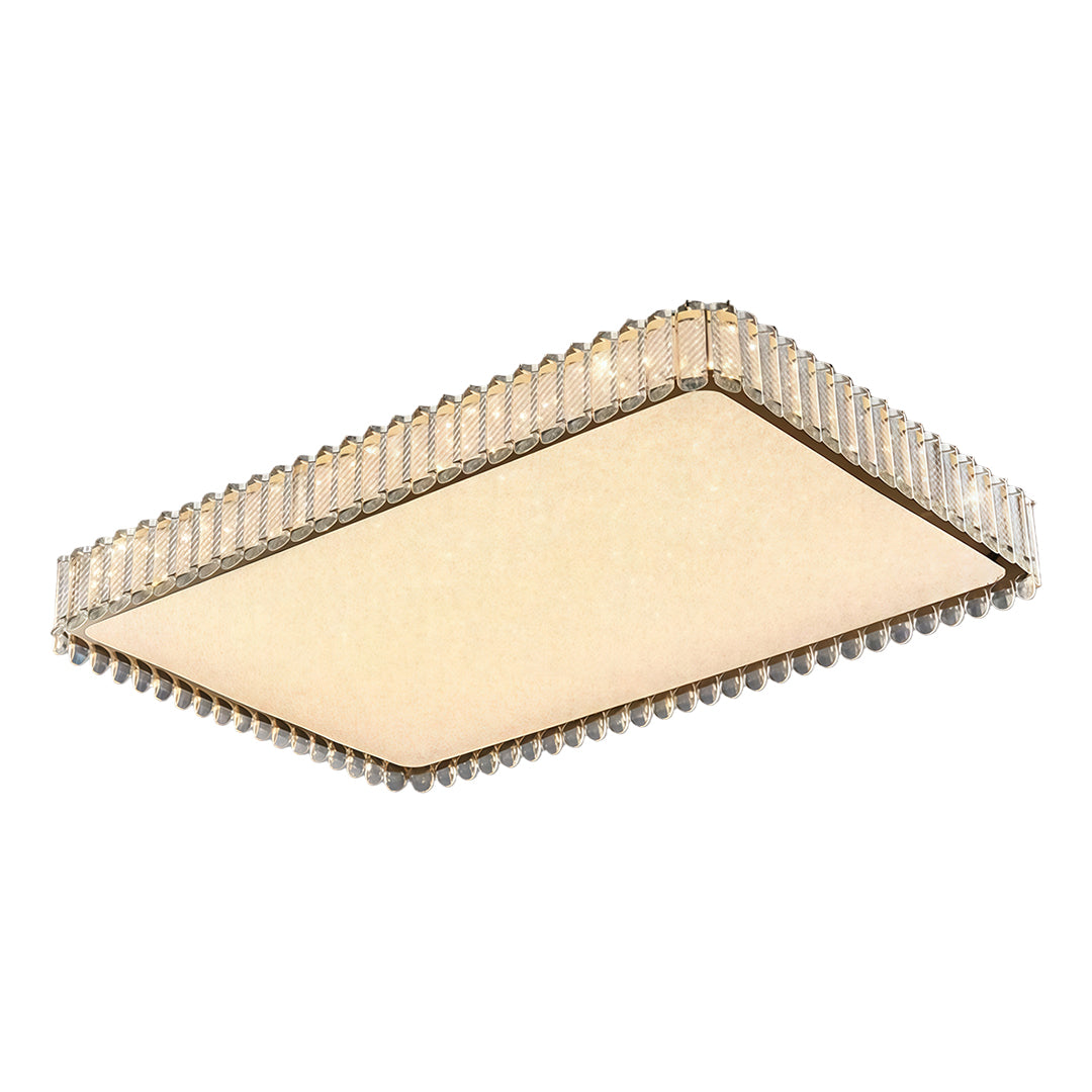 Rectangular flush mounted LED lights with glass shade chandelier styling featuring crystal trim and modern gold finish.