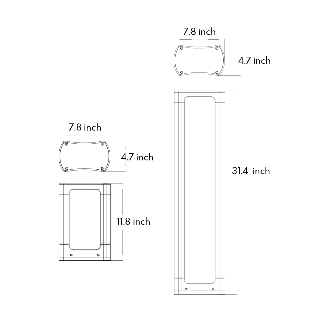 Technical drawing with dimensions for rectangular frame bollard light with central opening