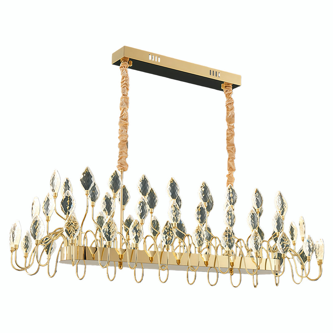 Rectangular gold LED chandelier with crystal accents.