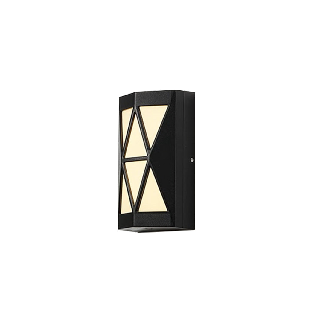 Modern rectangular outdoor wall sconces lighting fixture featuring a black frame and warm patterned illumination.