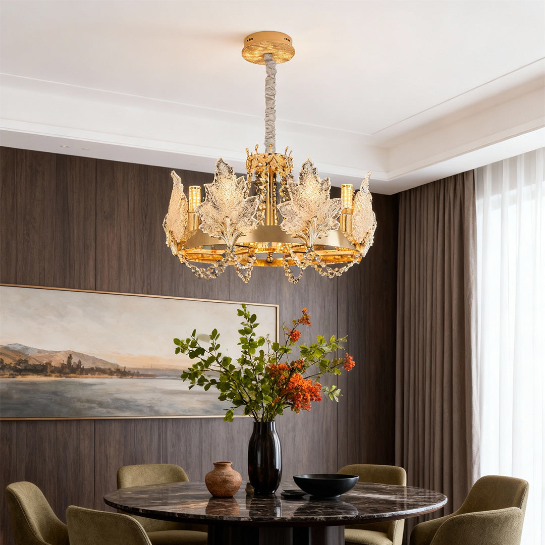 Rectangular French chandelier above dining table with soft lighting.