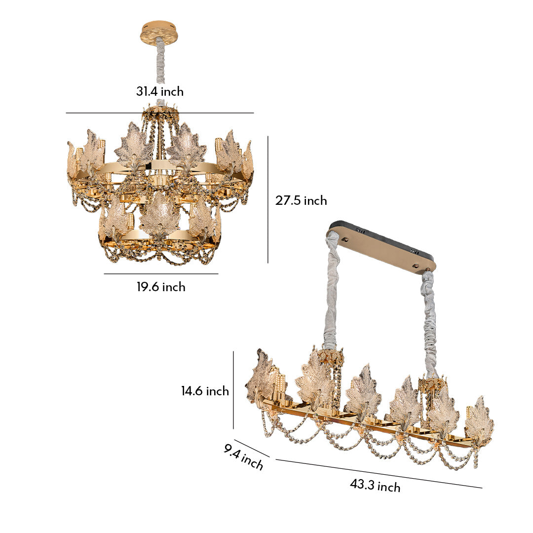 Rectangular French chandelier dimensions with elegant gold frame and crystal details.