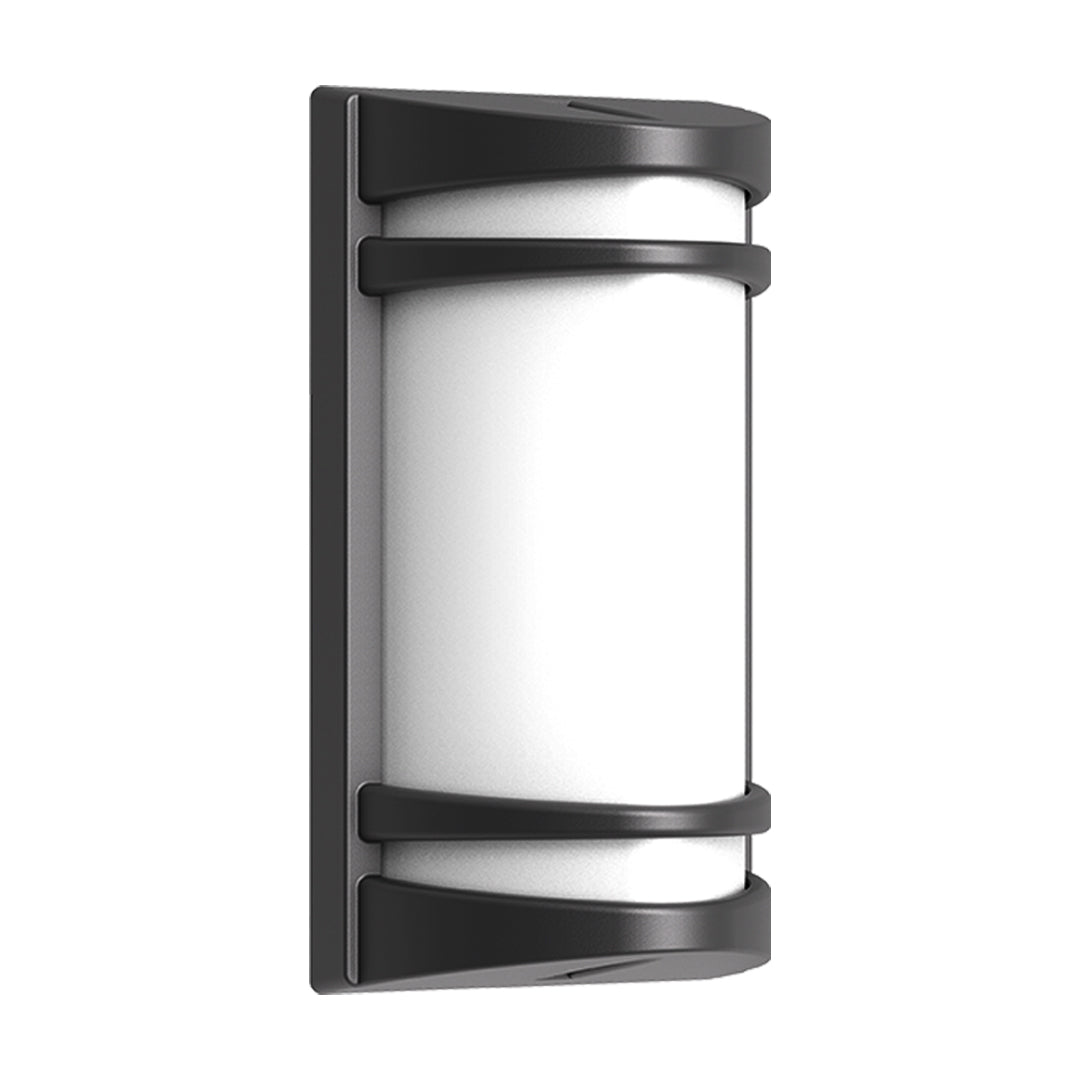 Sleek outdoor wall fixture with curved black housing and rectangular frosted glass for ambient lighting