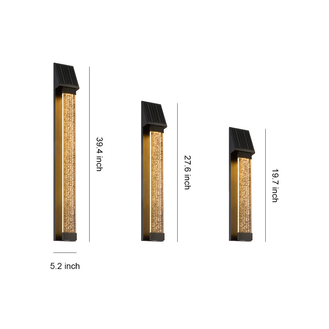 Black outdoor lighting sconce with a rectangular design and frosted glass, including detailed dimensions.