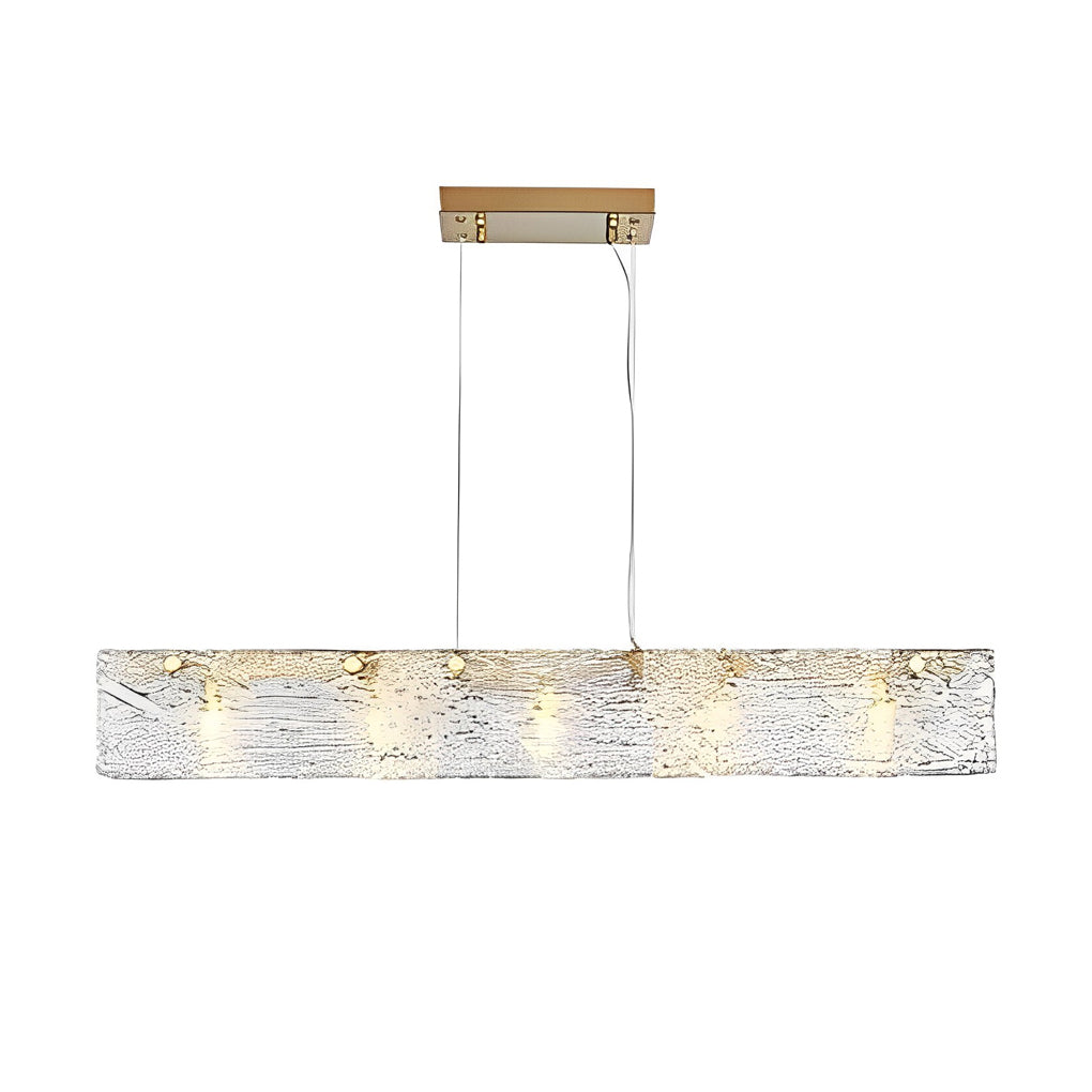 Rectangular glass chandelier with a close-up of its adjustable hanging mechanism.