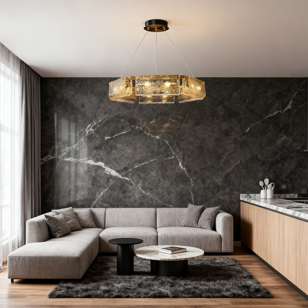 Rectangular glass chandelier in a contemporary living room, enhancing the space with warm illumination.