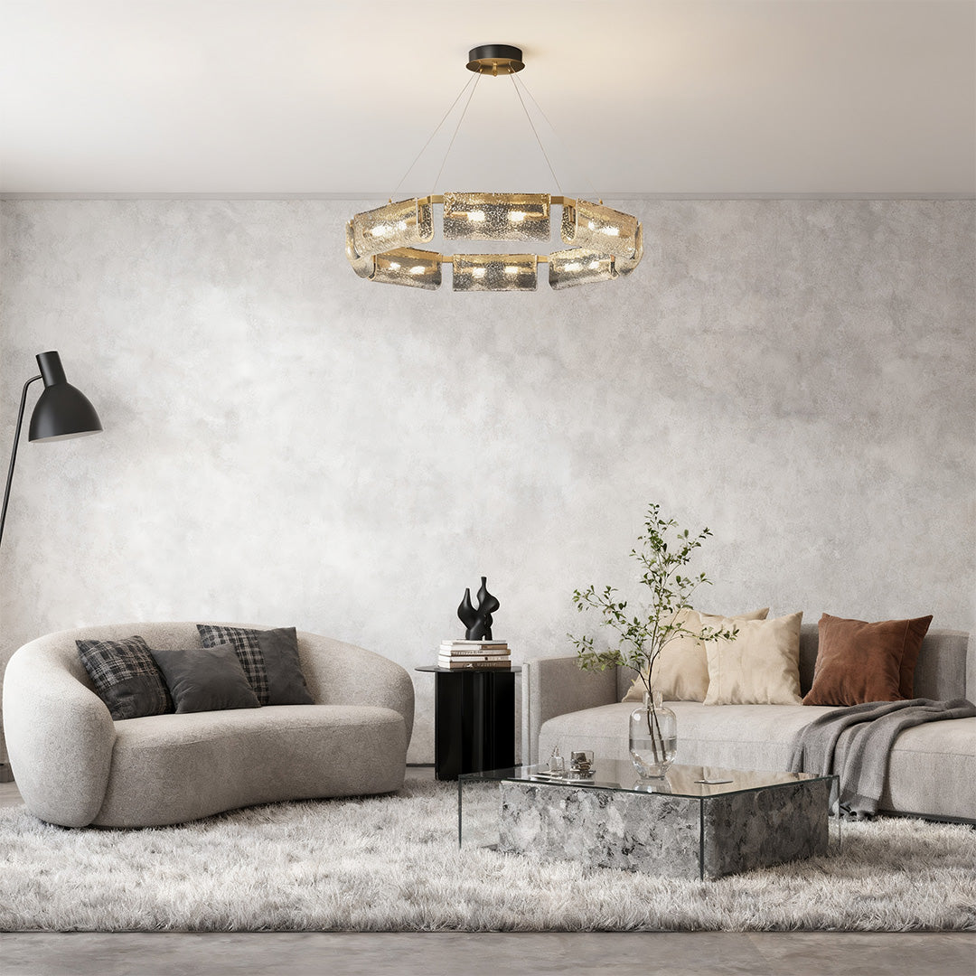 Rectangular glass chandelier in a cozy living room, creating a welcoming and luxurious ambiance.