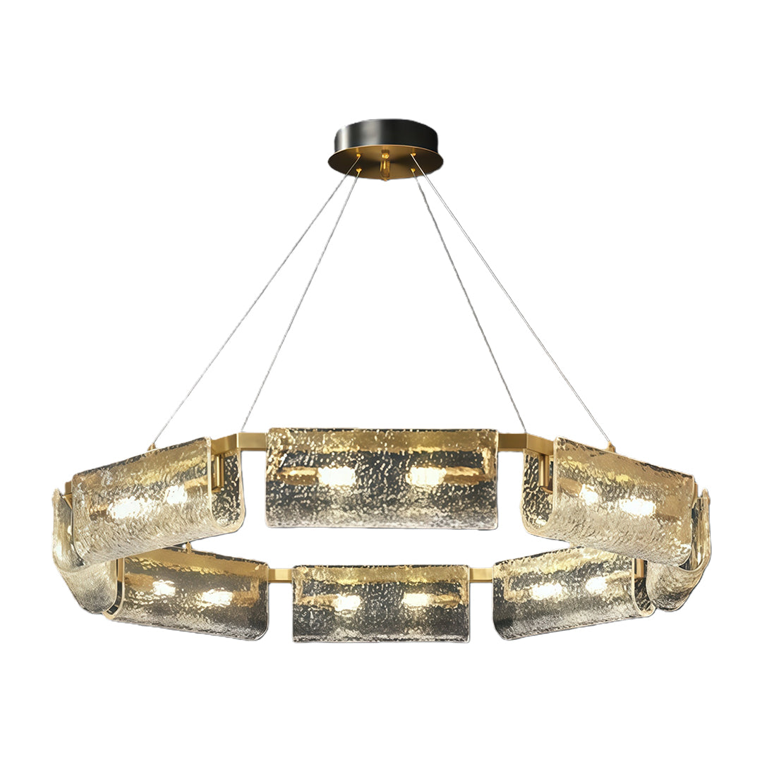 Rectangular glass chandelier with a gold frame, showcasing a sophisticated and luxurious design.
