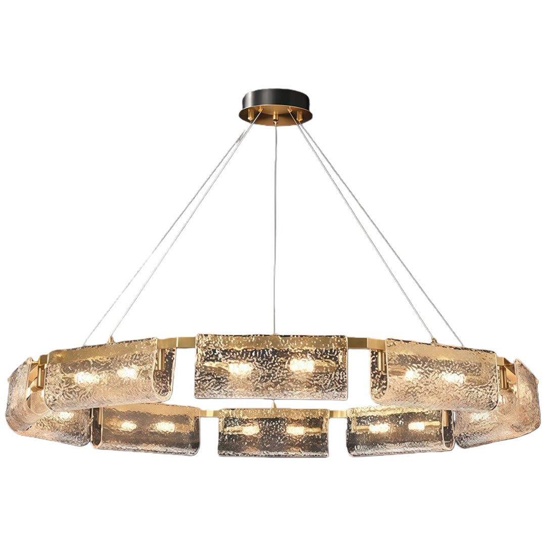 Rectangular glass chandelier with a gold frame, highlighting the textured glass and elegant structure.