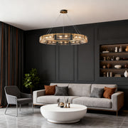 Rectangular glass chandelier installed in a modern living room, providing stylish and functional lighting.