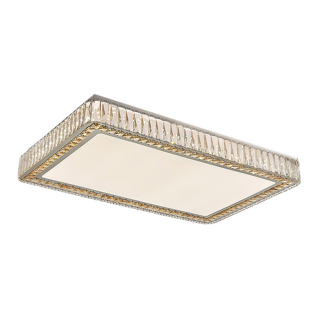Rectangular crystal ceiling light with shimmering gold border and elegant look.