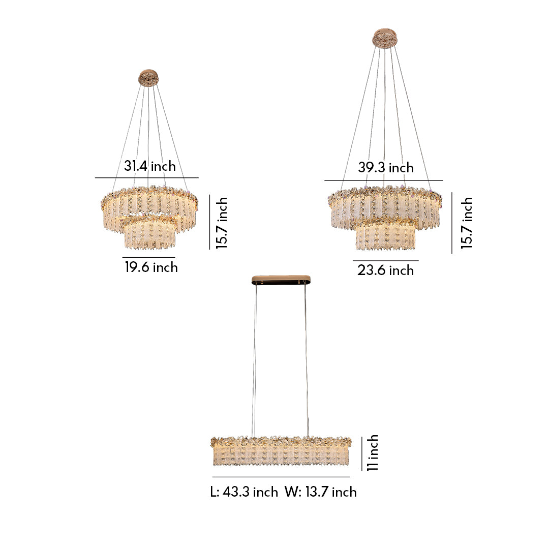 Rectangular gold crystal chandelier dimensions with height and width details.
