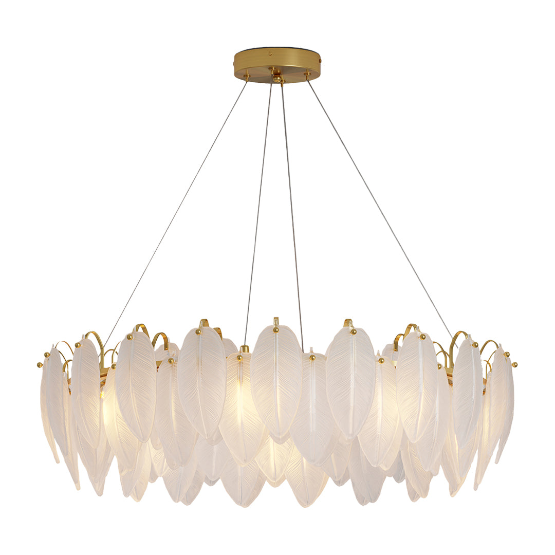 Modern luxury chandeliers featuring rectangular gold frame with feather glass accents