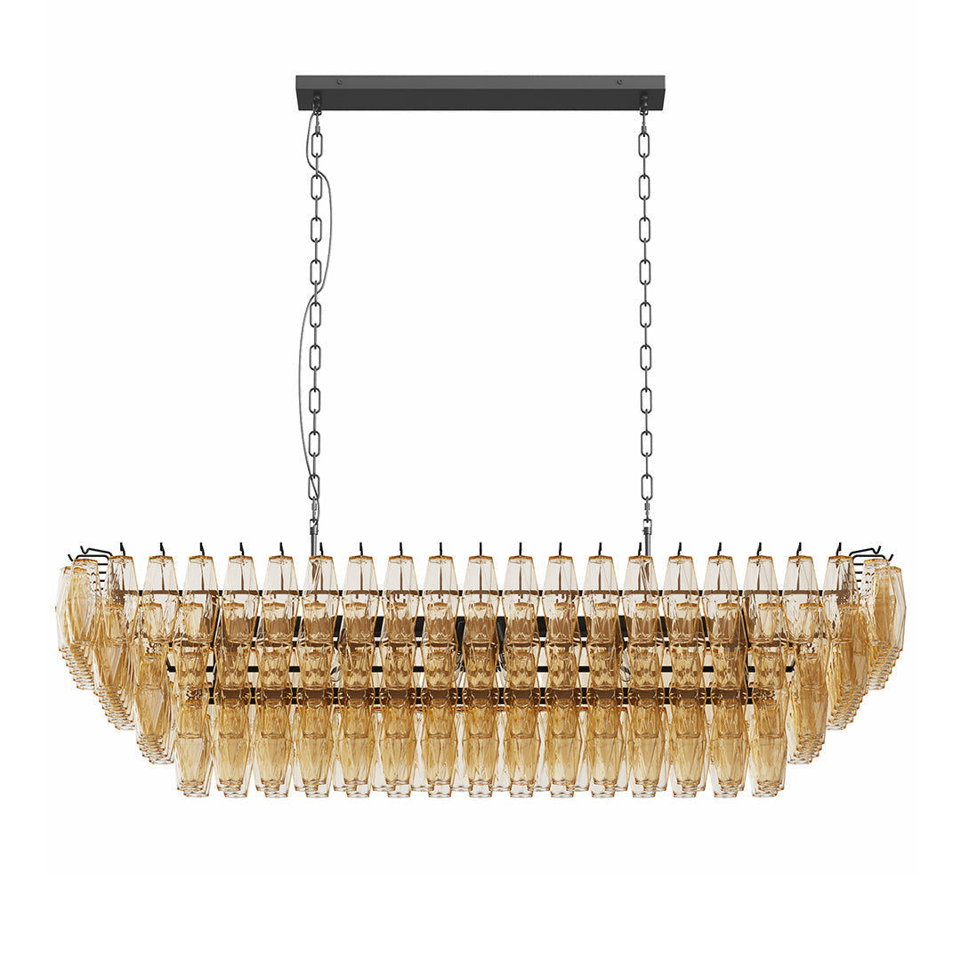 Rectangular gold glass pendant chandelier with tiered crystals, ideal for long dining tables.