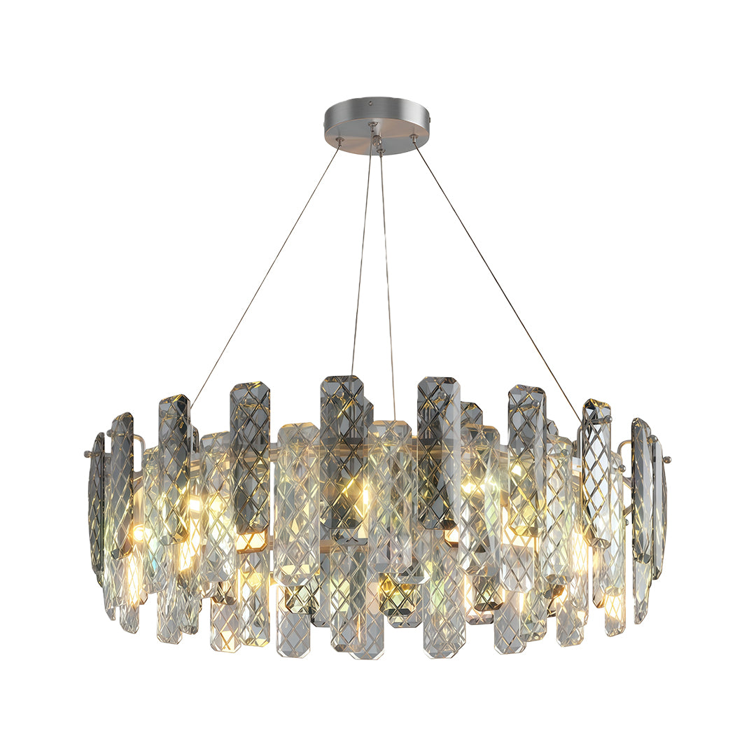 Contemporary crystal chandeliers with rectangular gold frame and vertical crystal strands.