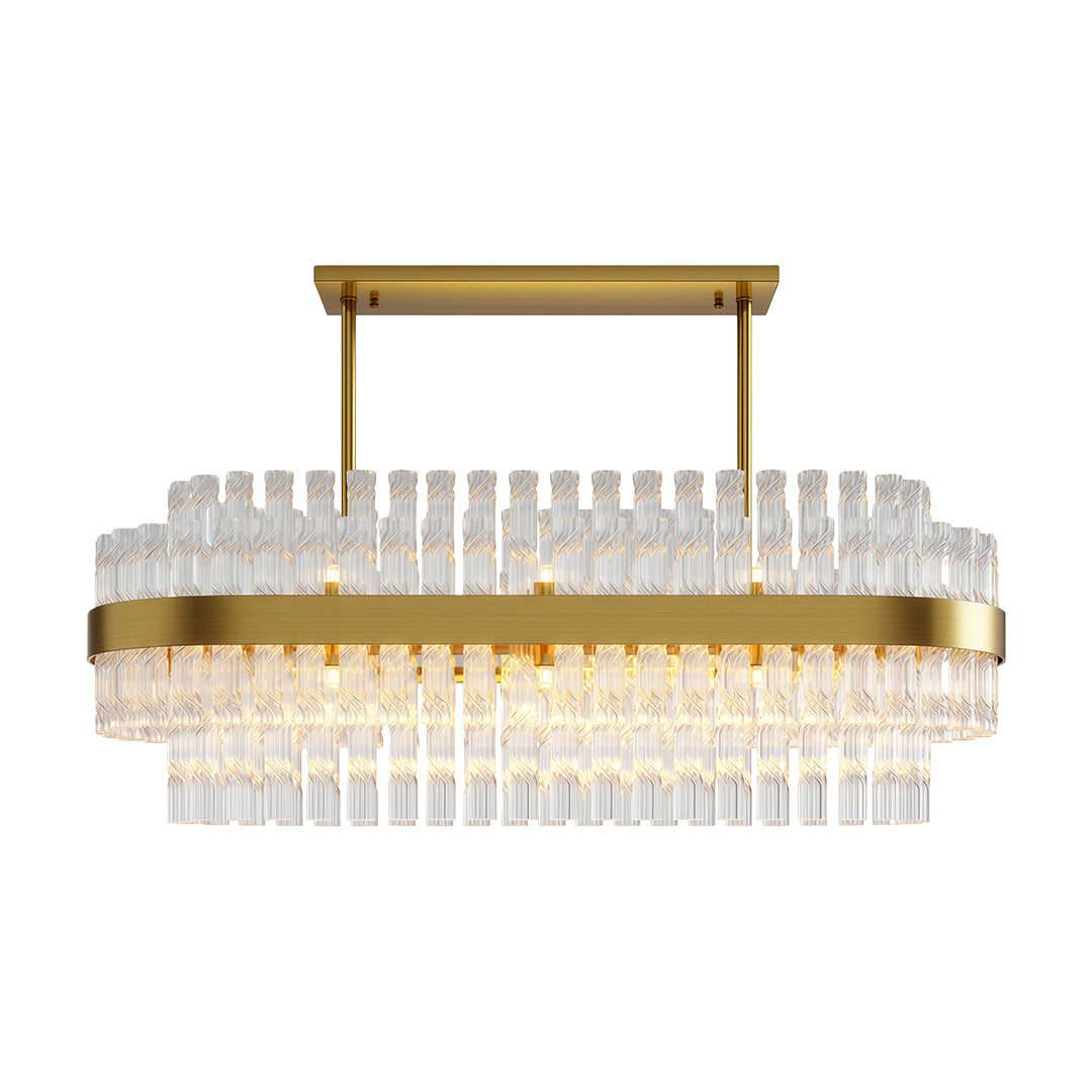 Industrial modern chandelier featuring rectangular gold frame with vertical crystal accents
