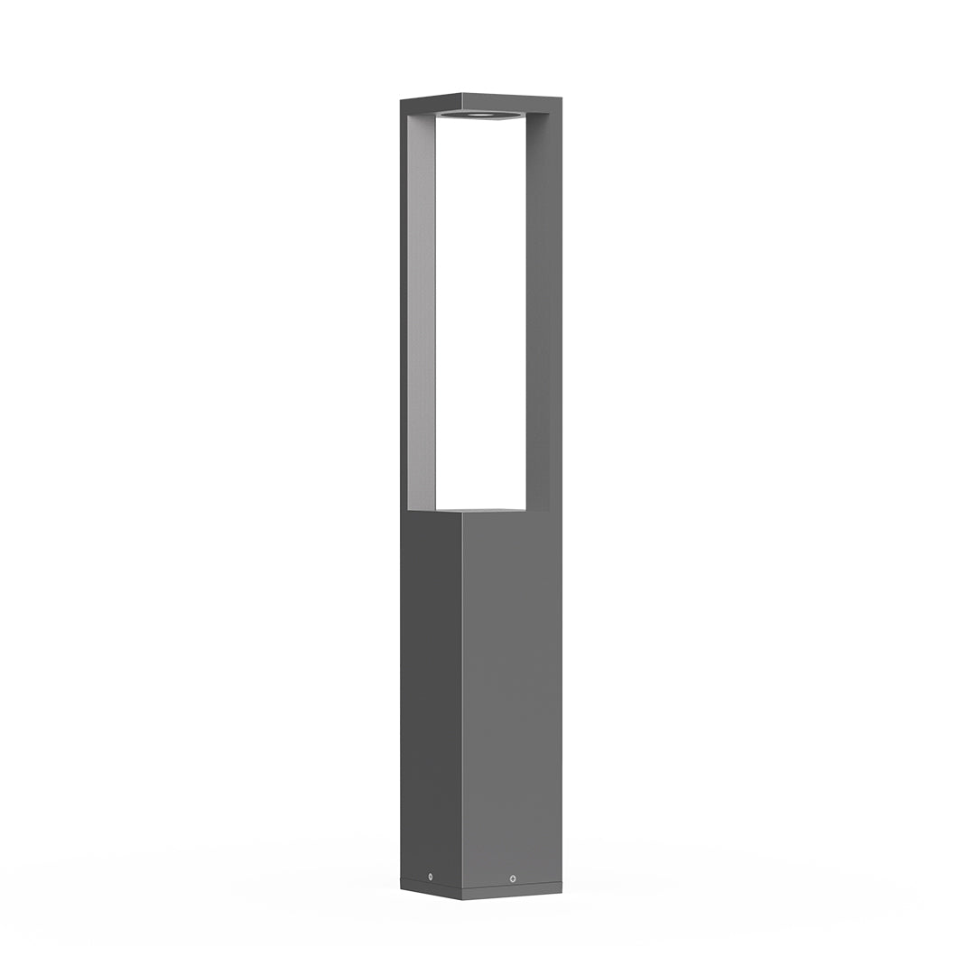 Sleek gray rectangular bollard light with integrated LED panel for pathway illumination