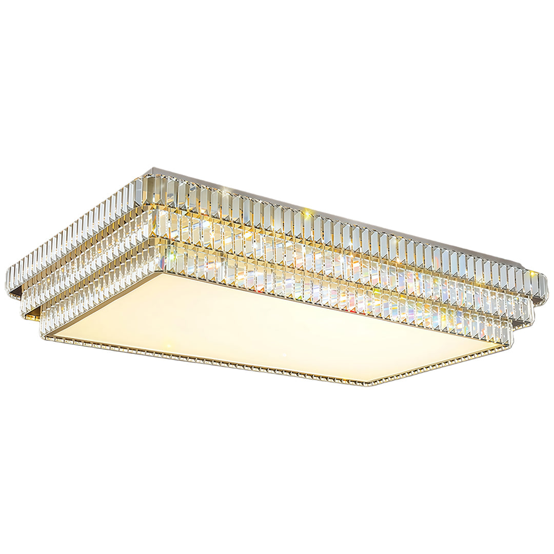 Rectangular LED flush mount lighting with layered crystal edge.