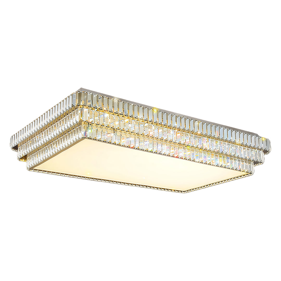 Rectangular LED flush mount lighting with crystal frame and golden accent.