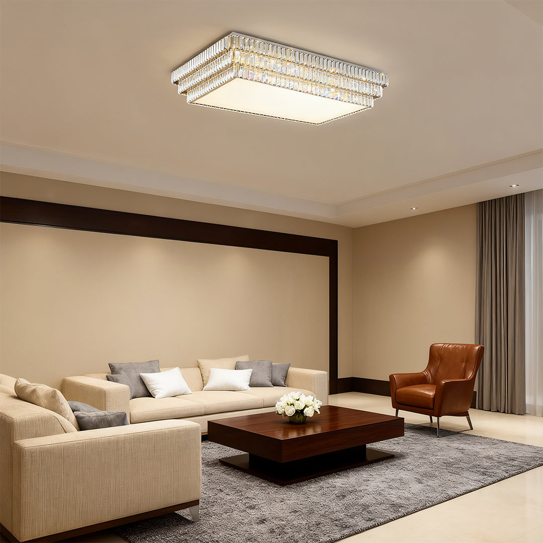 Rectangular LED flush mount lighting with layered crystal edge.