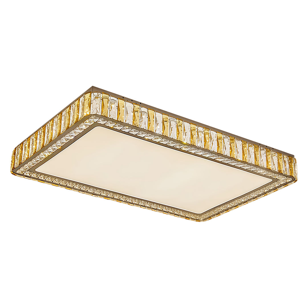 Rectangular LED flush mounted ceiling lights with glass shade chandelier aesthetic in elongated profile with crystal border.