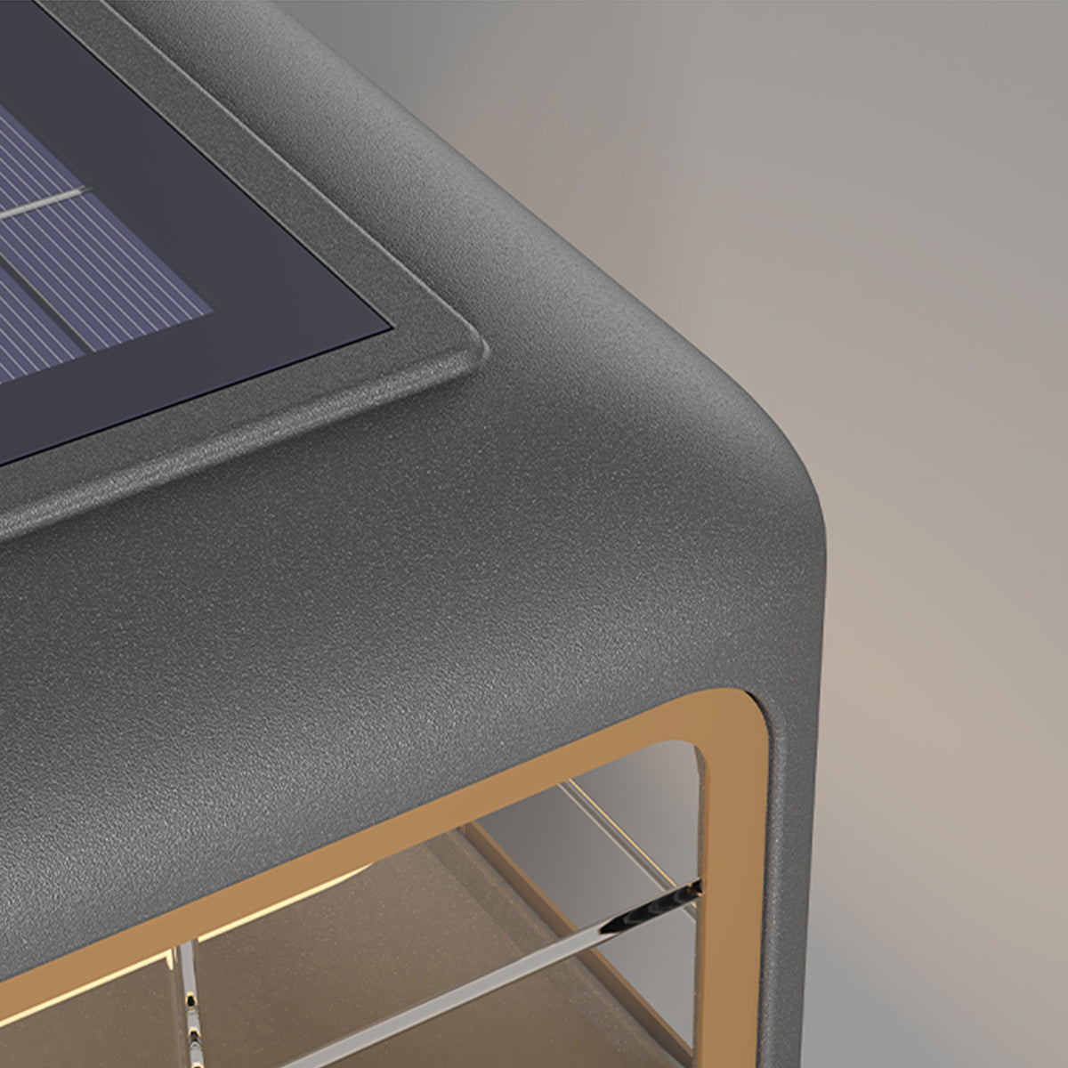 Modern rectangular outdoor light fixture with golden LED strip illumination and dark housing