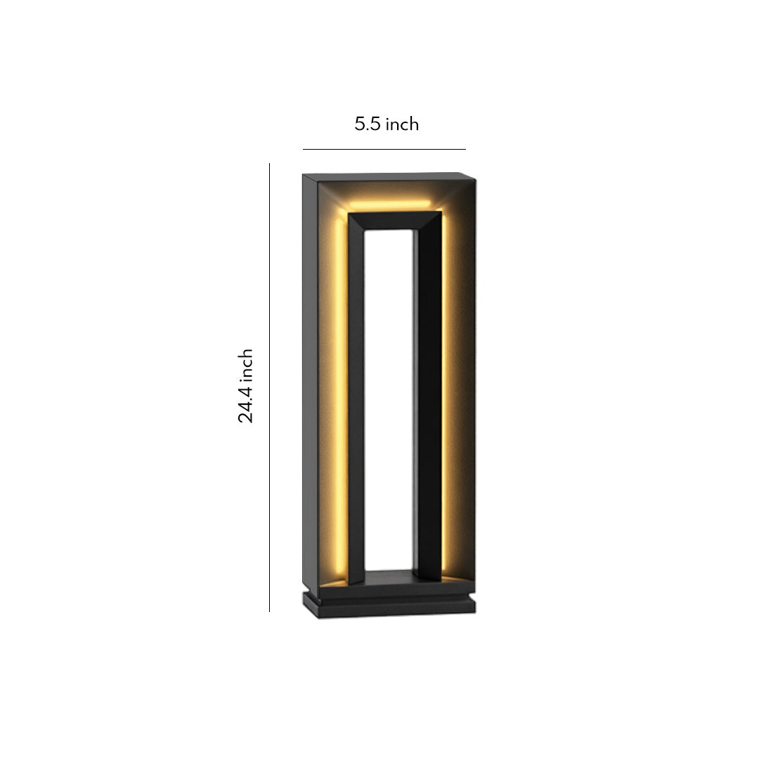 Sleek rectangular lighted bollards LED fixture with modern open-frame design shown in product view.