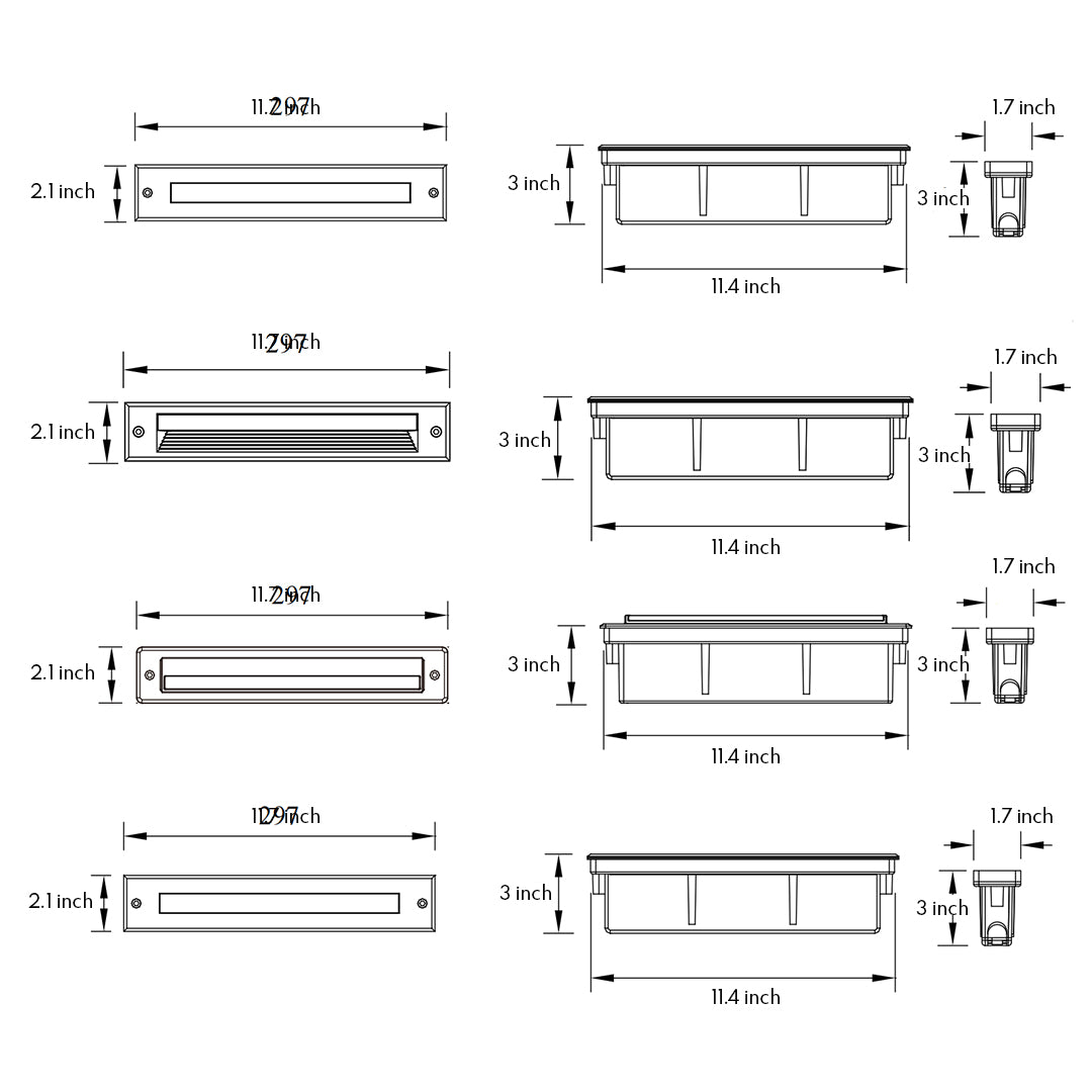 Technical specifications and dimensional drawings for various rectangular linear LED light fixtures