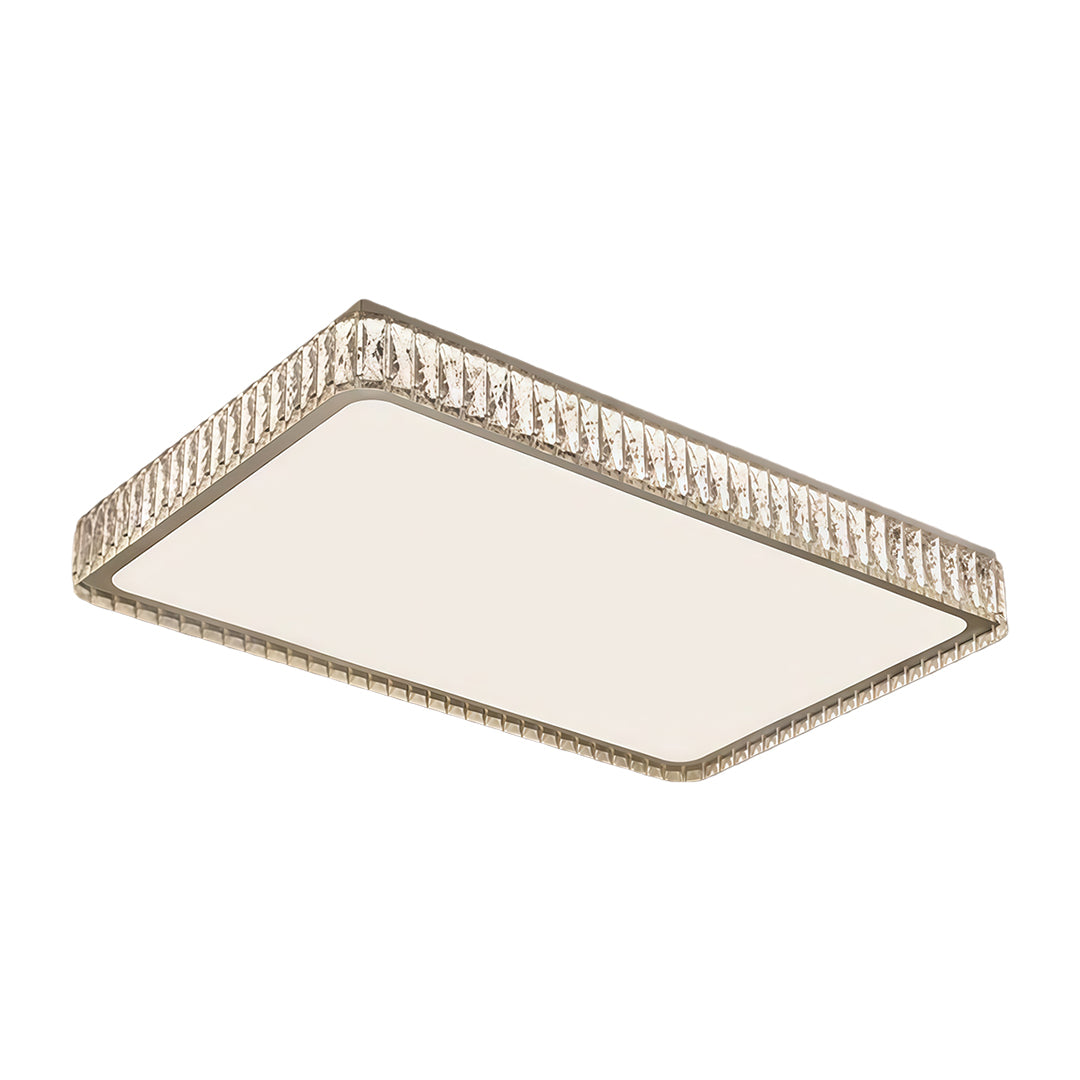 Rectangular modern crystal flush mount lighting fixture with slim chrome border and shimmering design.