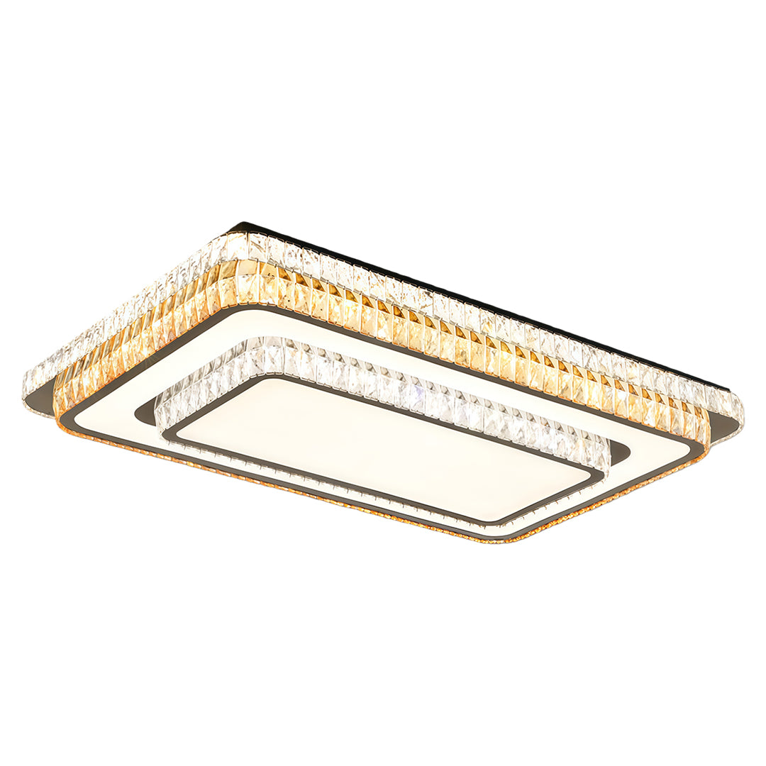 Rectangular modern flush mount light fixture with clear and gold crystal design.