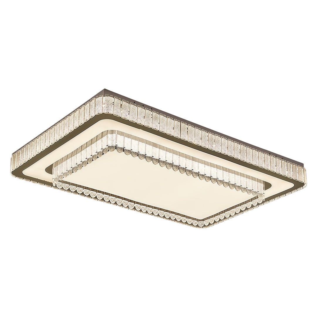 Rectangular modern flush mount light fixtures with glass shade chandelier aesthetic featuring elongated crystal-trimmed profile.