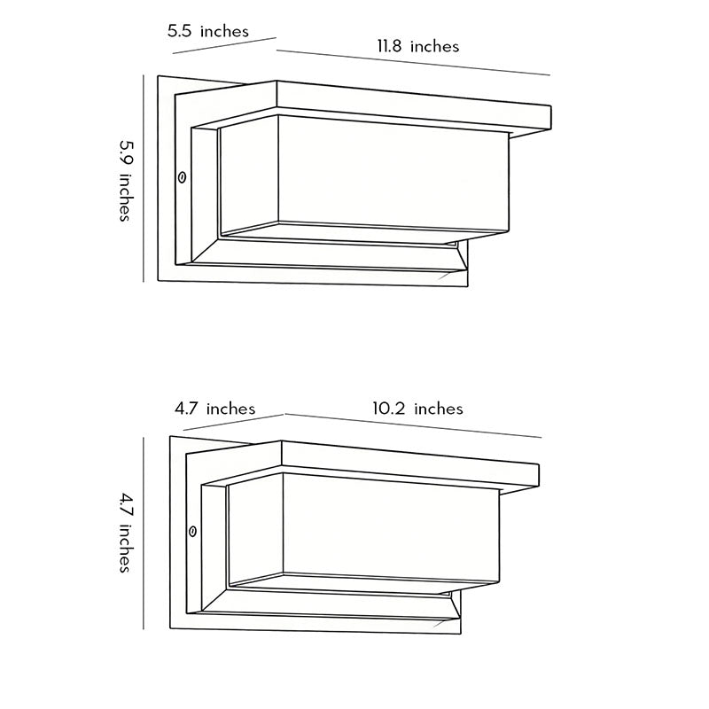 Technical diagram showing dimensions and structure of rectangular outdoor wall lights models.