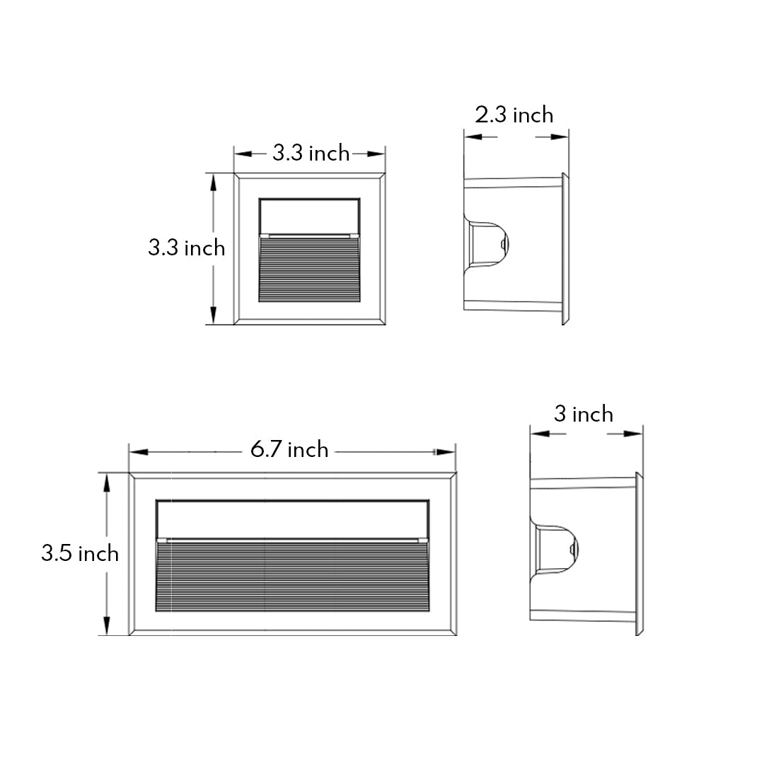 Technical drawings showing installation dimensions for rectangular recessed step light fixtures with louver design