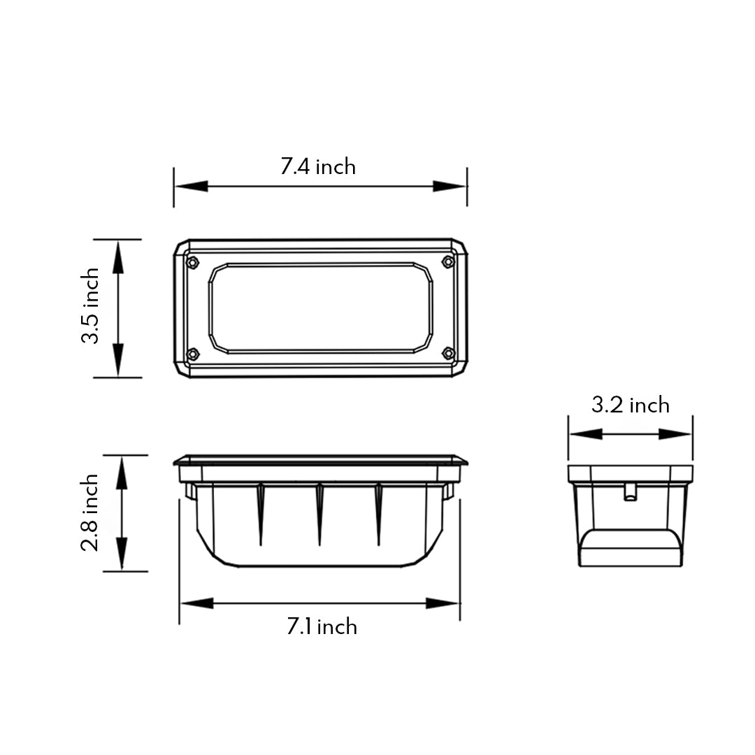 Technical drawing showing installation dimensions and mounting details for rectangular recessed step light fixture