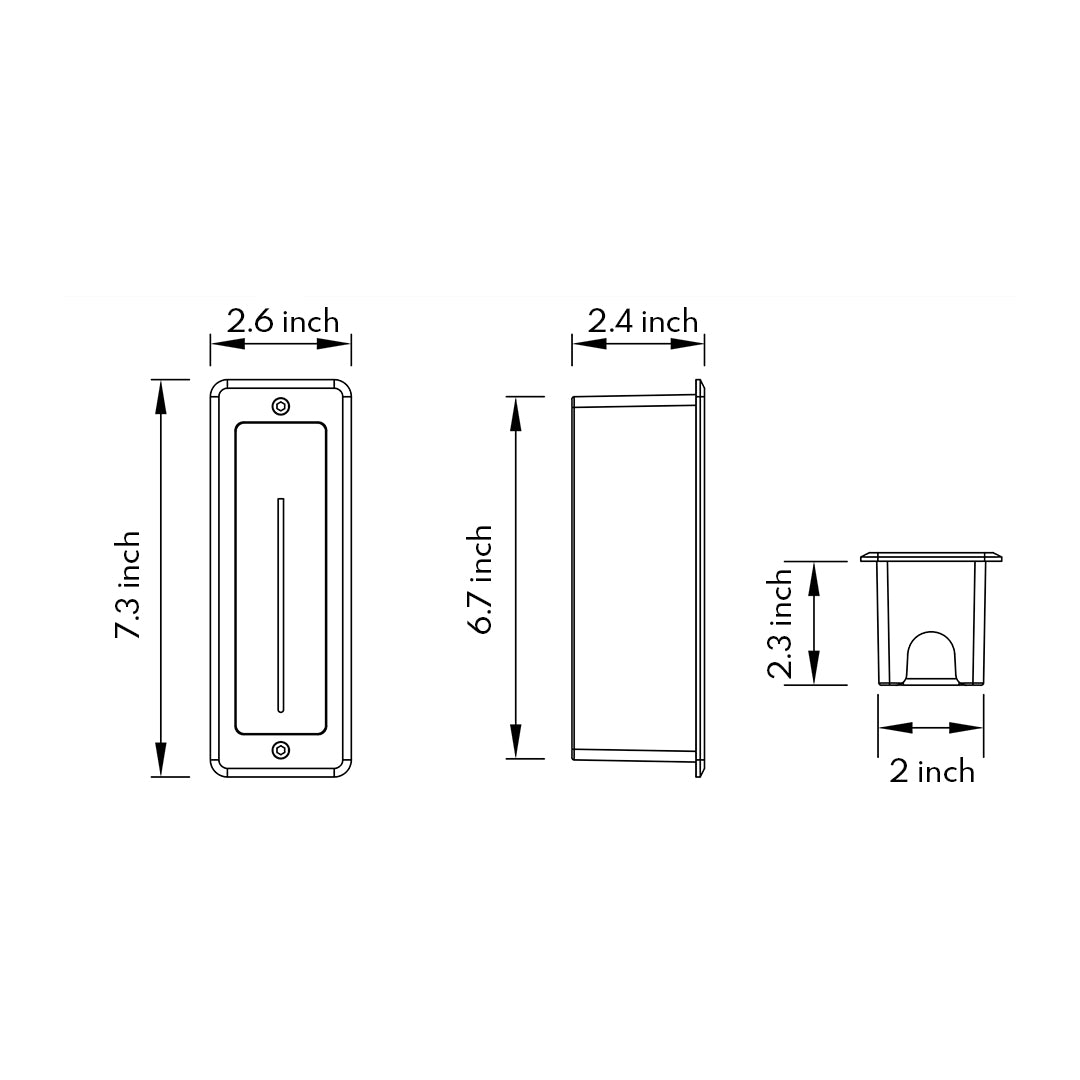 Technical drawing with detailed dimensions and mounting specifications for rectangular recessed wall light fixture