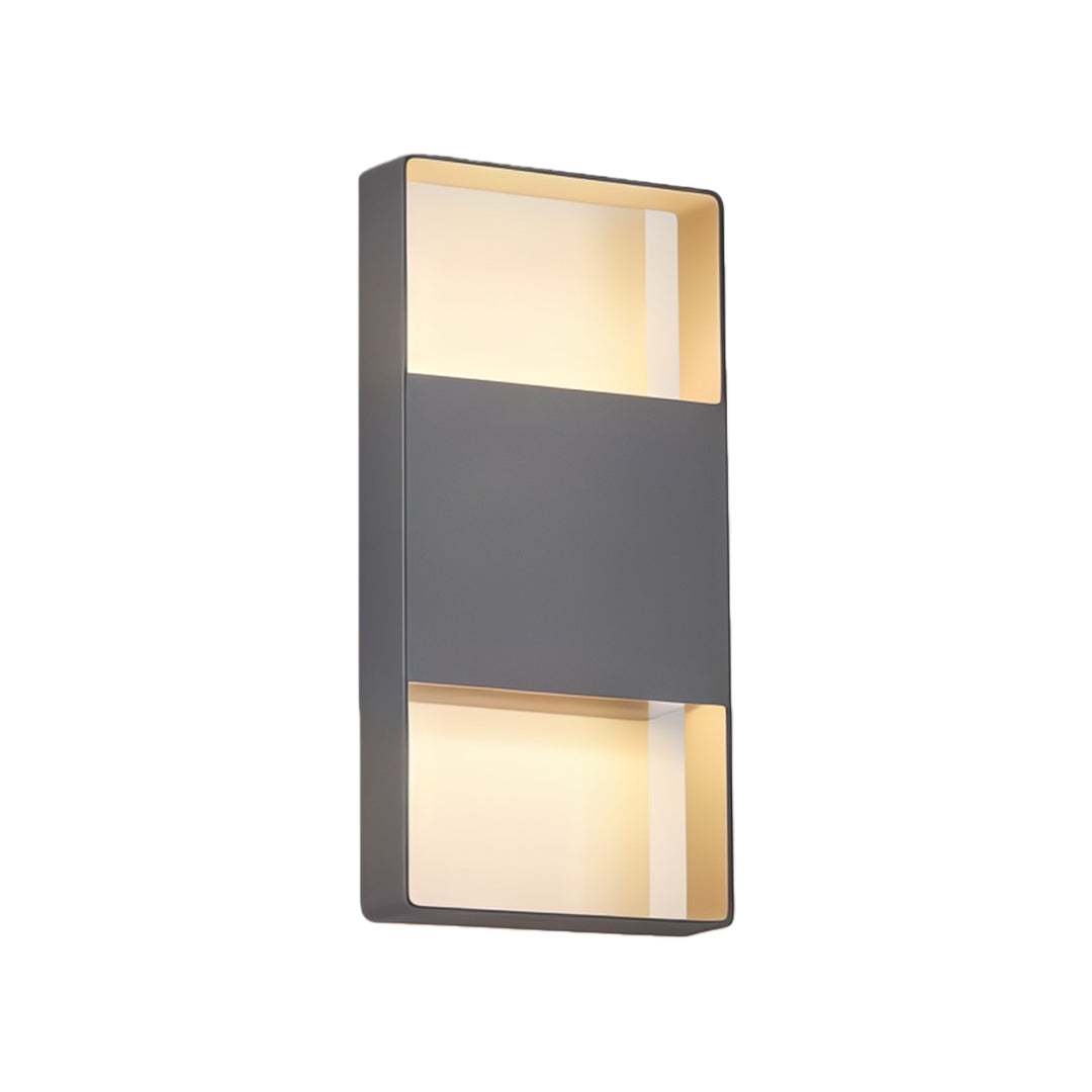 Rectangular wall mount exterior light featuring glass shade chandelier styling with black frame and dual-direction illumination.