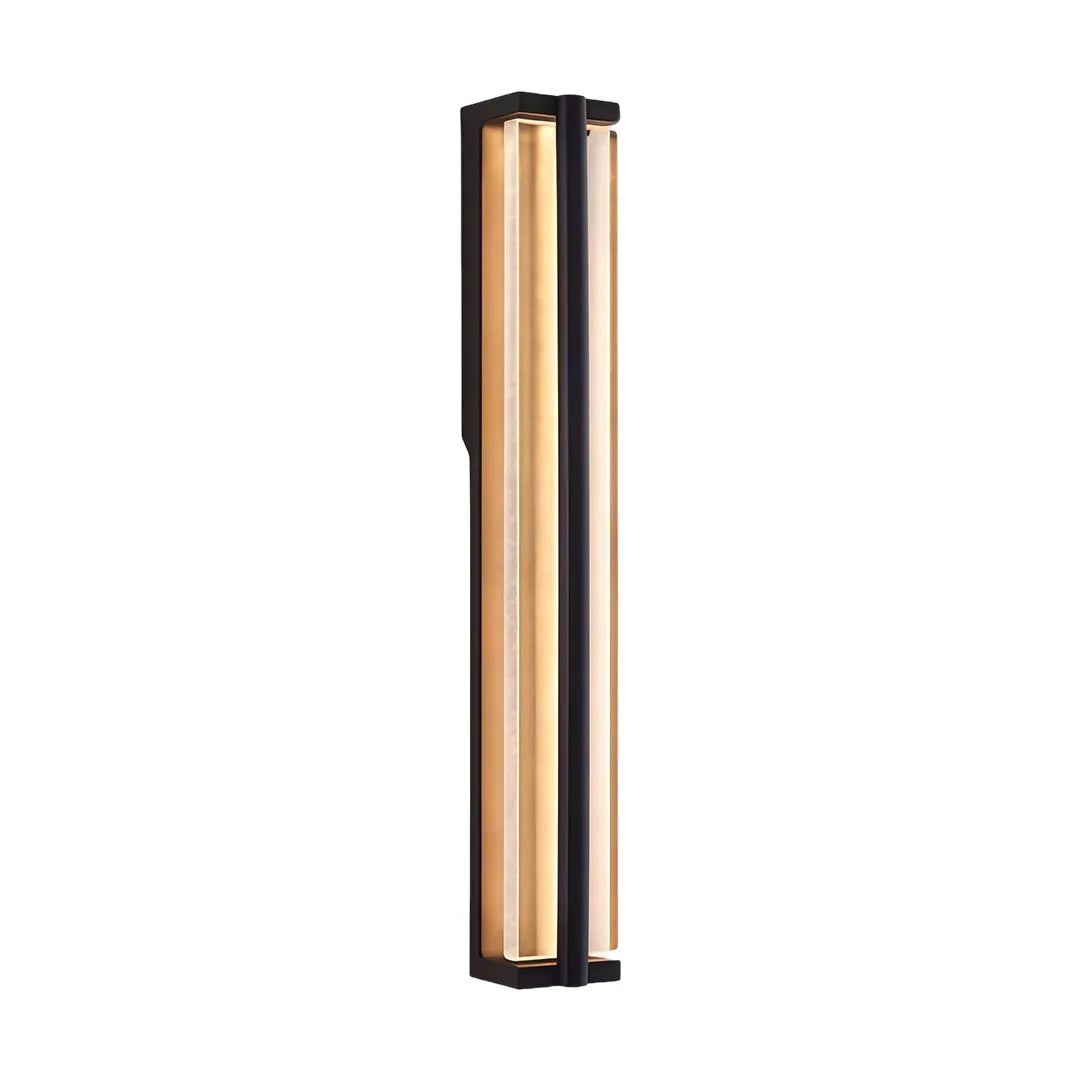 Wall mount outdoor lighting featuring a tall modern rectangular wall fixture with warm illumination.