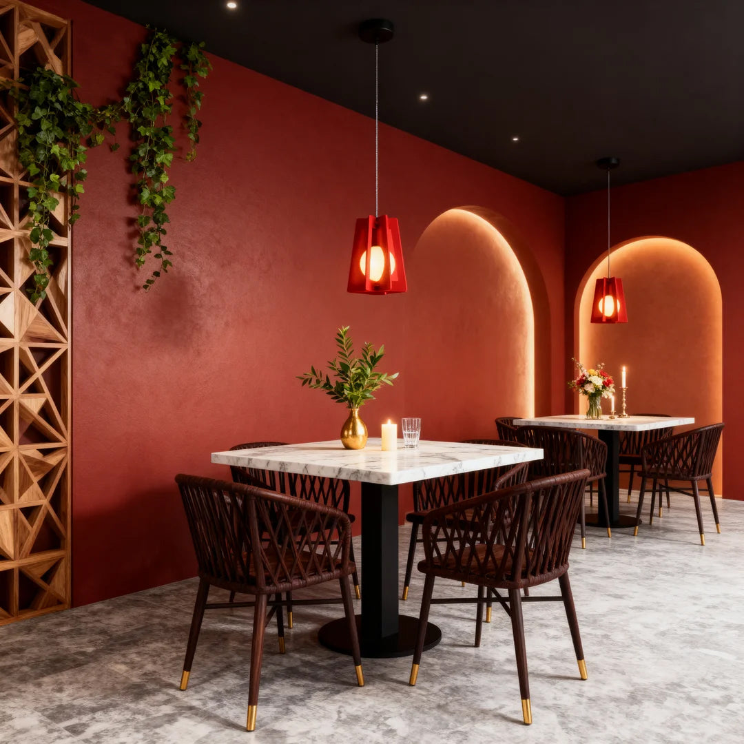 Eye-catching deep red felt fun pendant lights hanging over marble bistro tables in a cozy restaurant interior. 