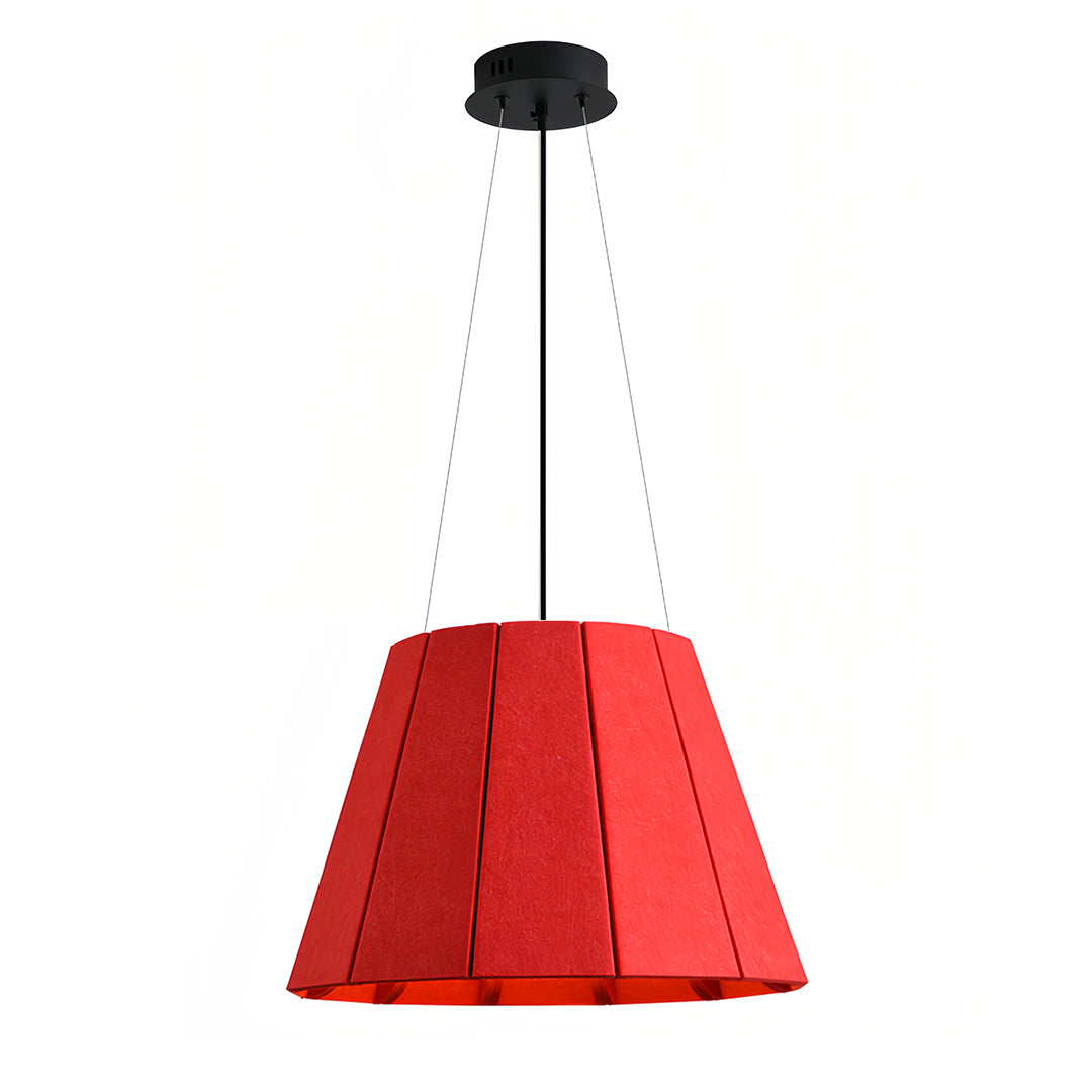 Red felt industrial pendant light fixture offering ambient illumination and acoustic dampening for modern interiors. 