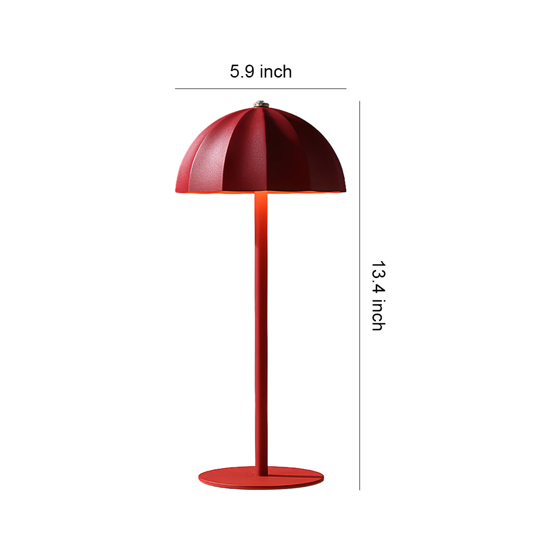 Red iron table lamps with dome shade and technical dimensions displayed on white background