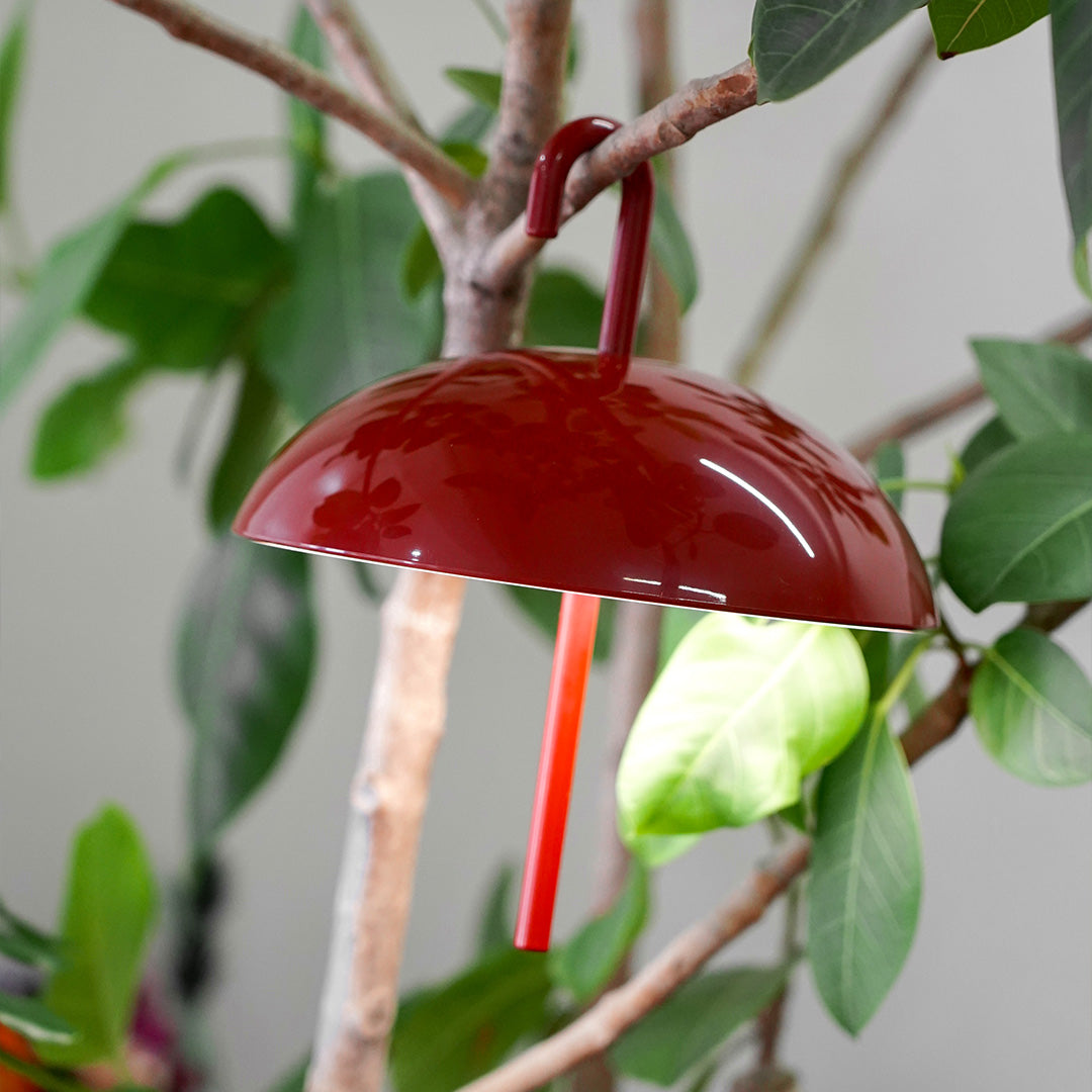 Red dome USB rechargeable table lamp among plants creating decorative garden lighting