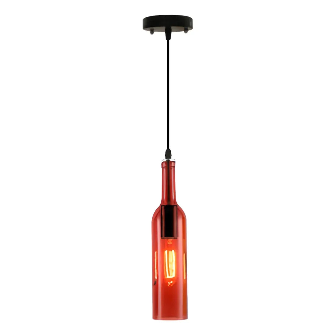 Red wine bottle pendant light with a glossy colored glass shade and exposed warm bulb.