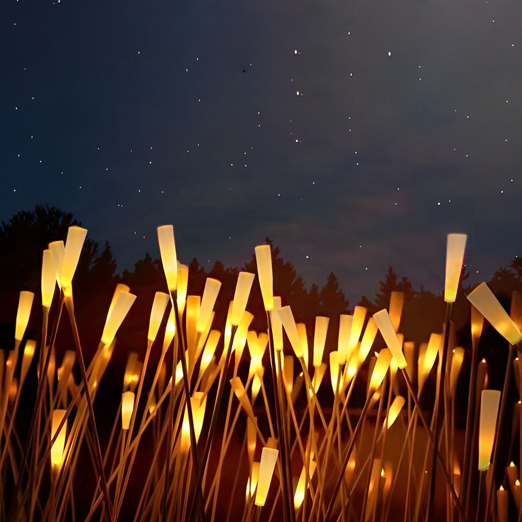 Reed lights illuminating garden area with warm light at night.