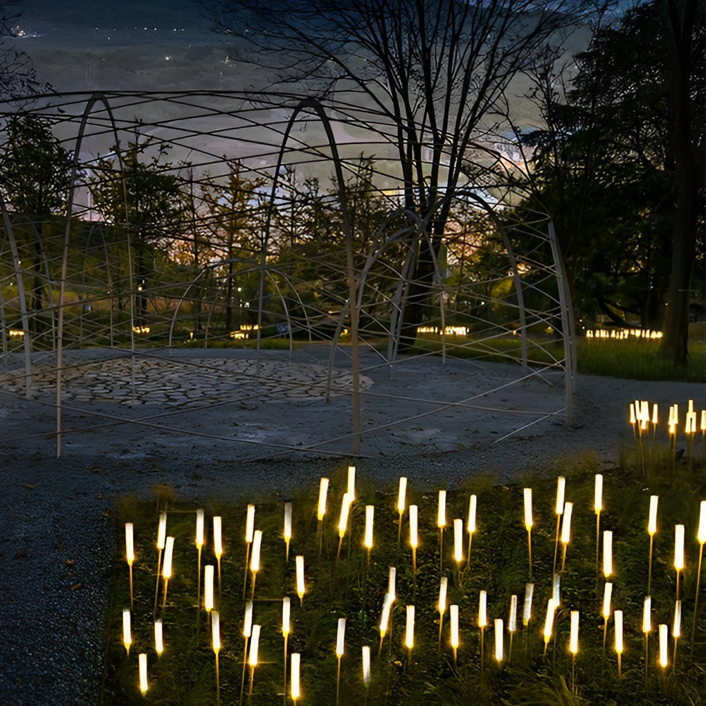 Reed lights illuminating pathway with warm light in evening landscape.