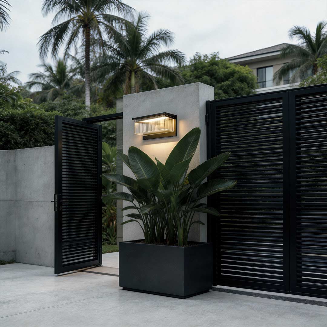Reeded acrylic sconce illuminating a modern outdoor wall with warm ambient glow.