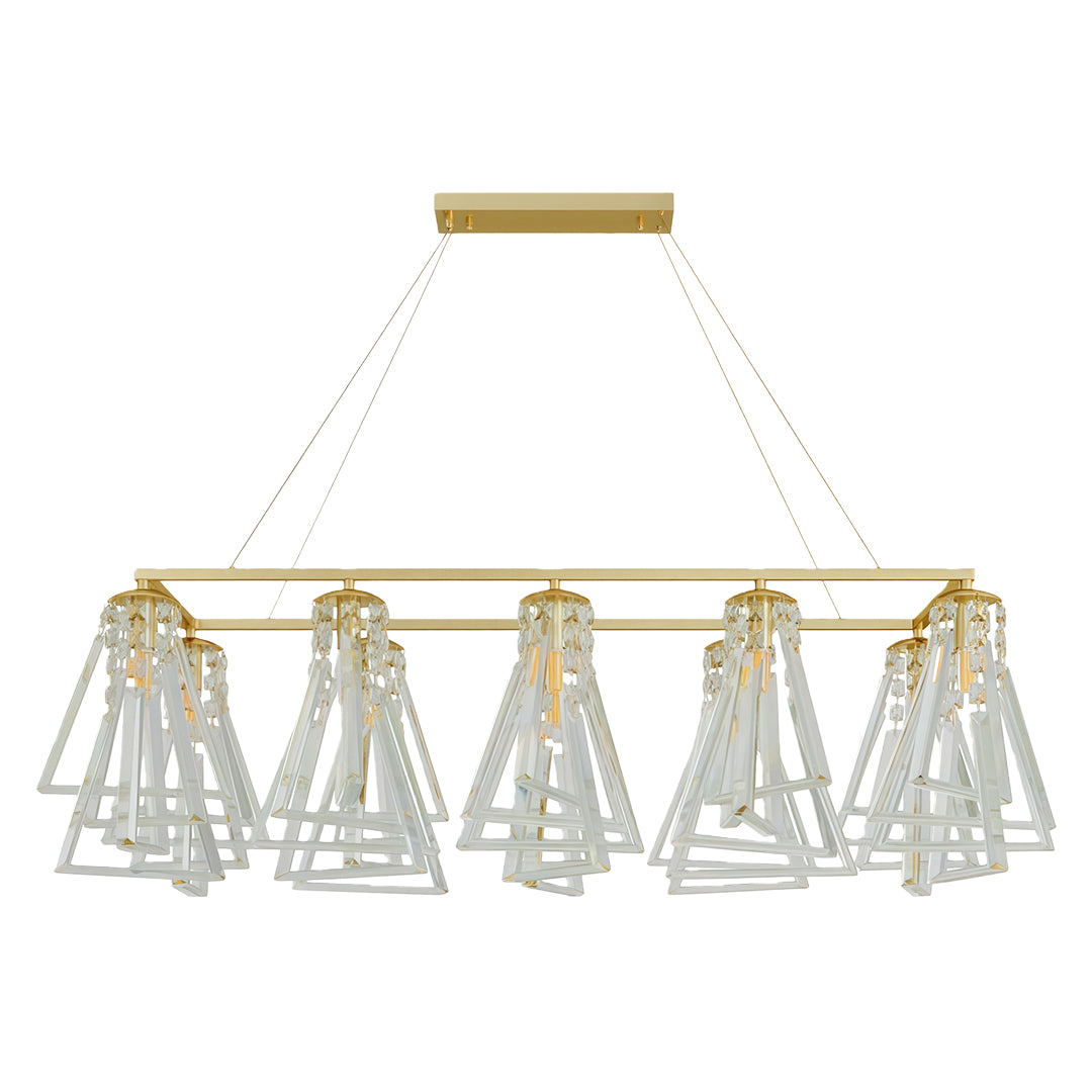 Refined contemporary crystal chandelier featuring glass shade chandelier aesthetic in brushed brass with linear island configuration.