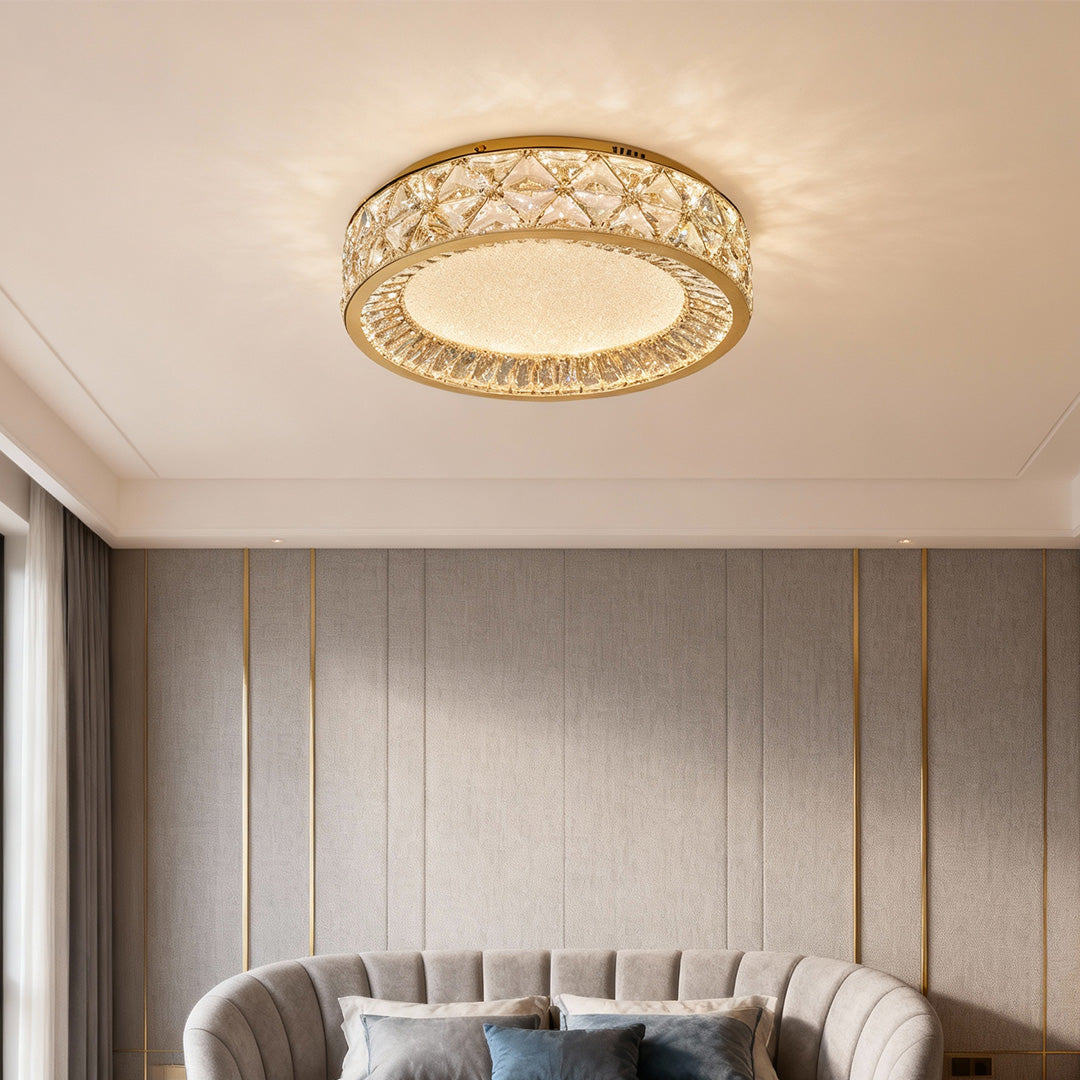 Refined decorative flush mount ceiling lights featuring glass shade chandelier design illuminating serene gray bedroom with plush seating.