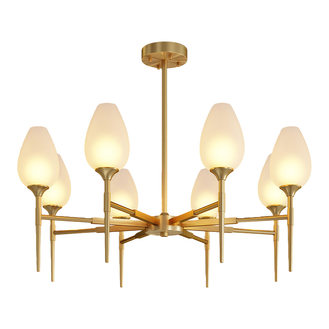 Refined glass modern chandelier featuring glass shade chandelier aesthetic in brass with eight-light tiered arrangement.