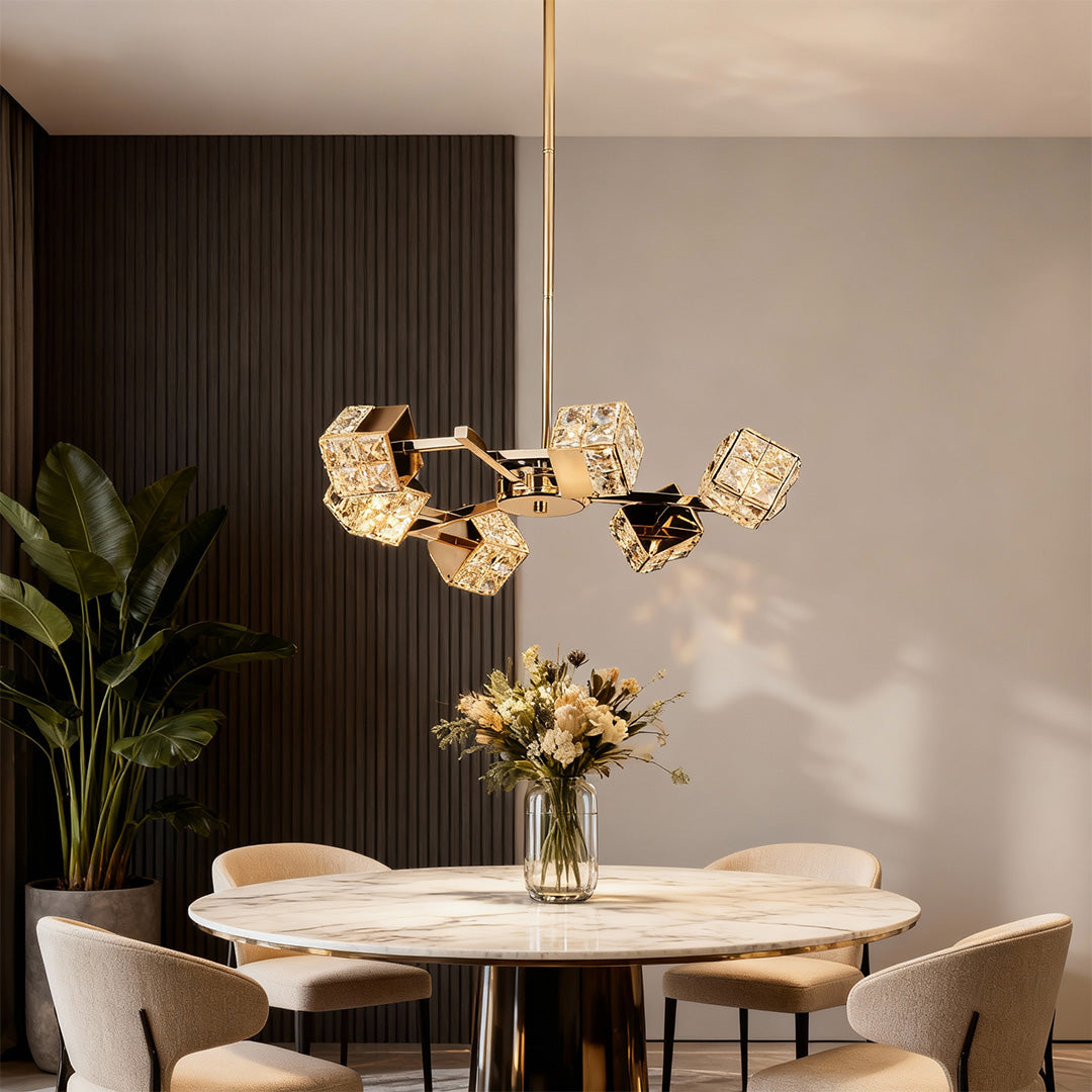Refined luxury chandeliers crystal with glass shade chandelier design creating elegant focal point above round dining table.