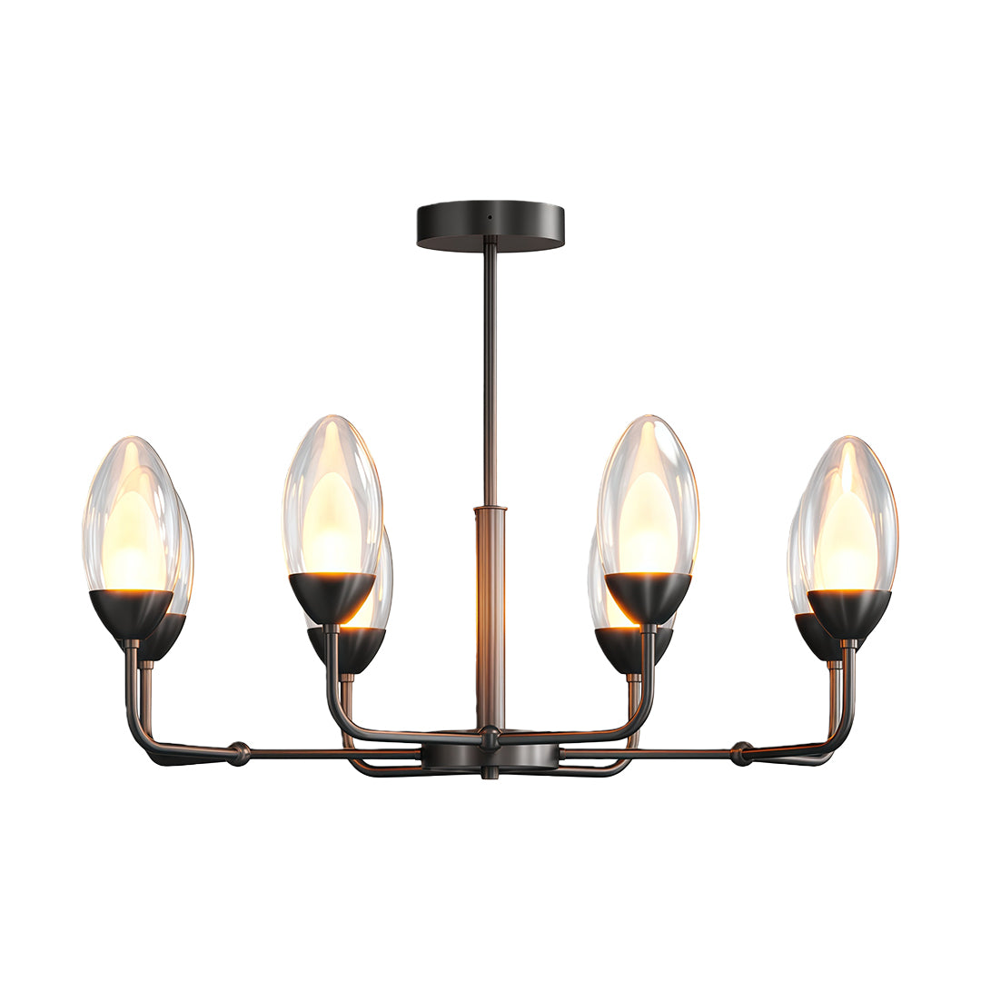 Refined modern minimalist chandelier with glass shade chandelier design in matte black featuring linear four-light configuration.